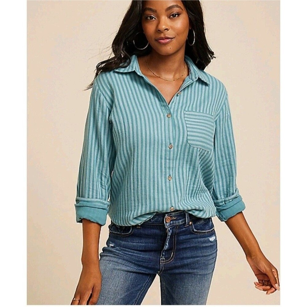 Maurices Teal Textured Striped Double Cloth Button Down Shirt Women's Size S